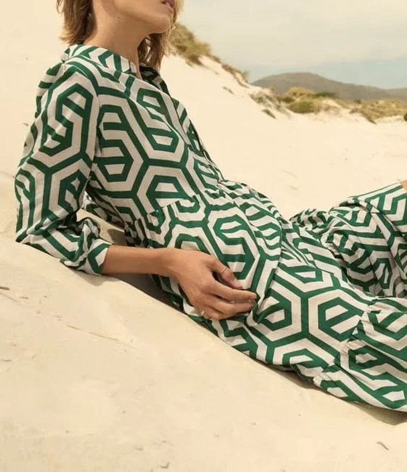 Vestido Decote V Estampa Geométrica