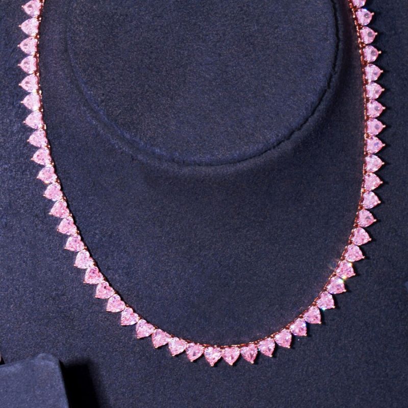 Colar Riviera com Zircônias de Coração Rosa