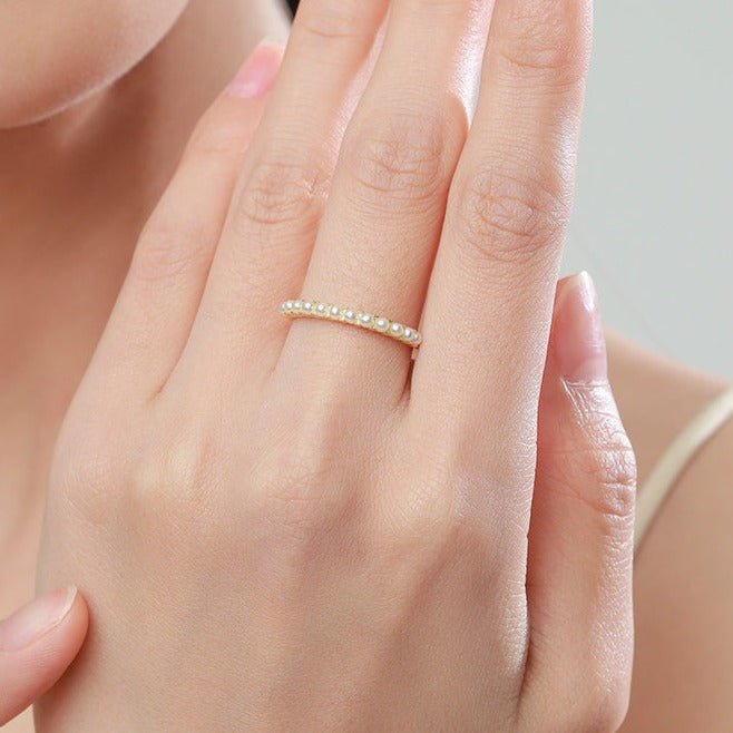 Anel Meia Aliança de Pérolas Prata