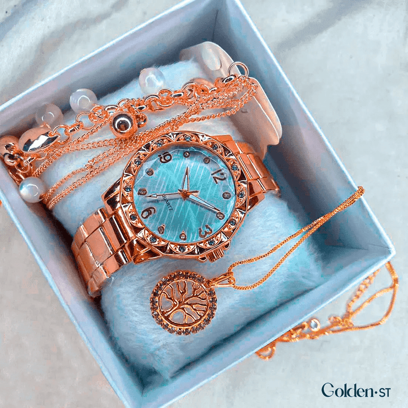 KIT SAFIRA - Relógio Rosé + Pulseira de Pérolas + Colar Árvore da Vida (PROMOÇÃO PRÉ BLACK FRIDAY)